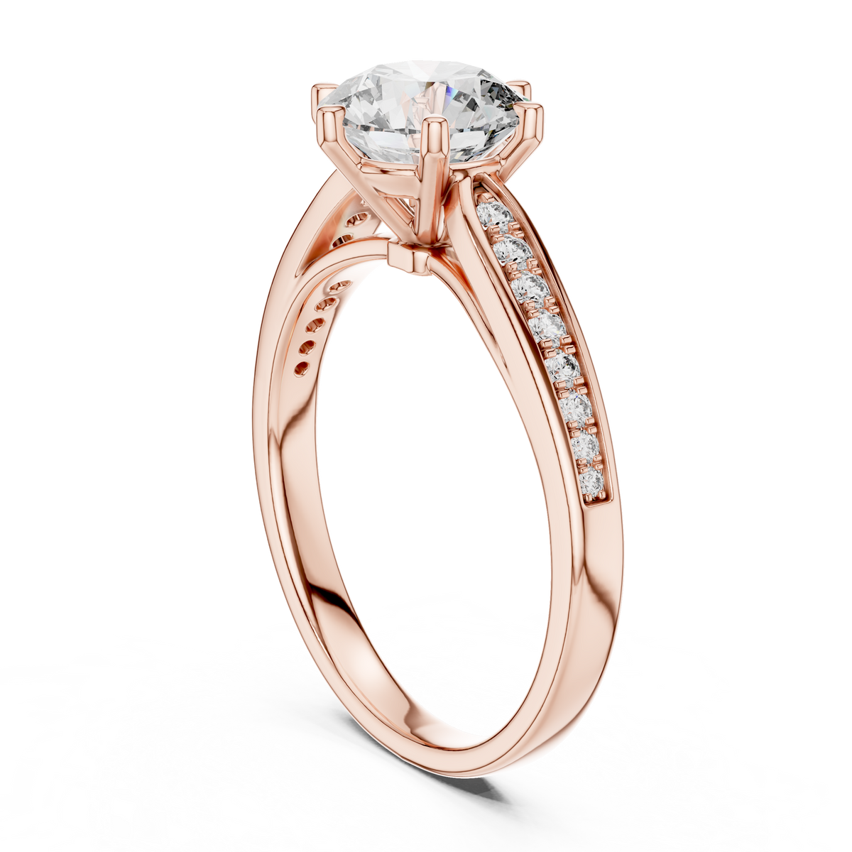 Lab Grown Round Diamond Solitaire Ring with Pavé Shoulders in Yellow Gold