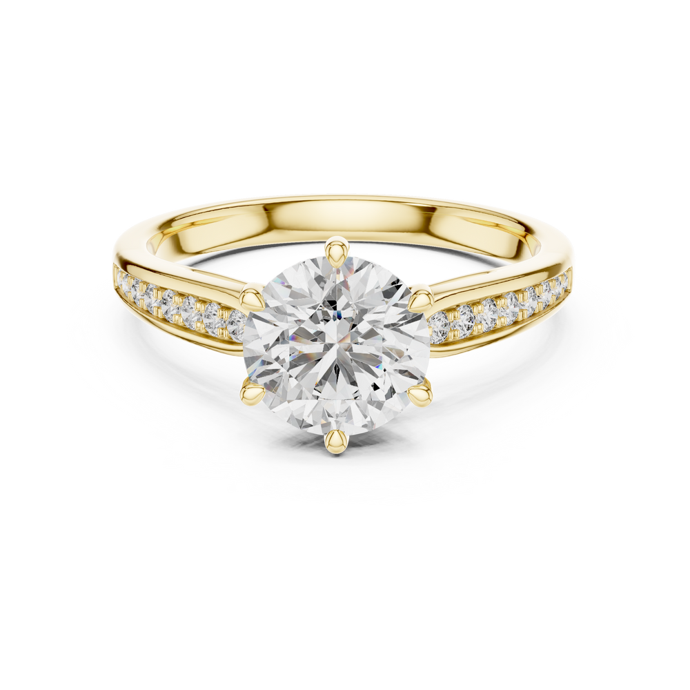 Lab Grown Round Diamond Solitaire Ring with Pavé Shoulders in Yellow Gold