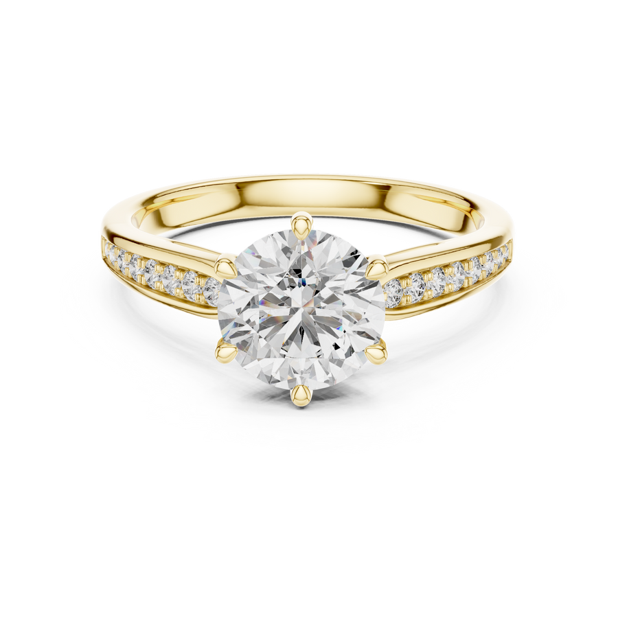 Lab Grown Round Diamond Solitaire Ring with Pavé Shoulders in Yellow Gold