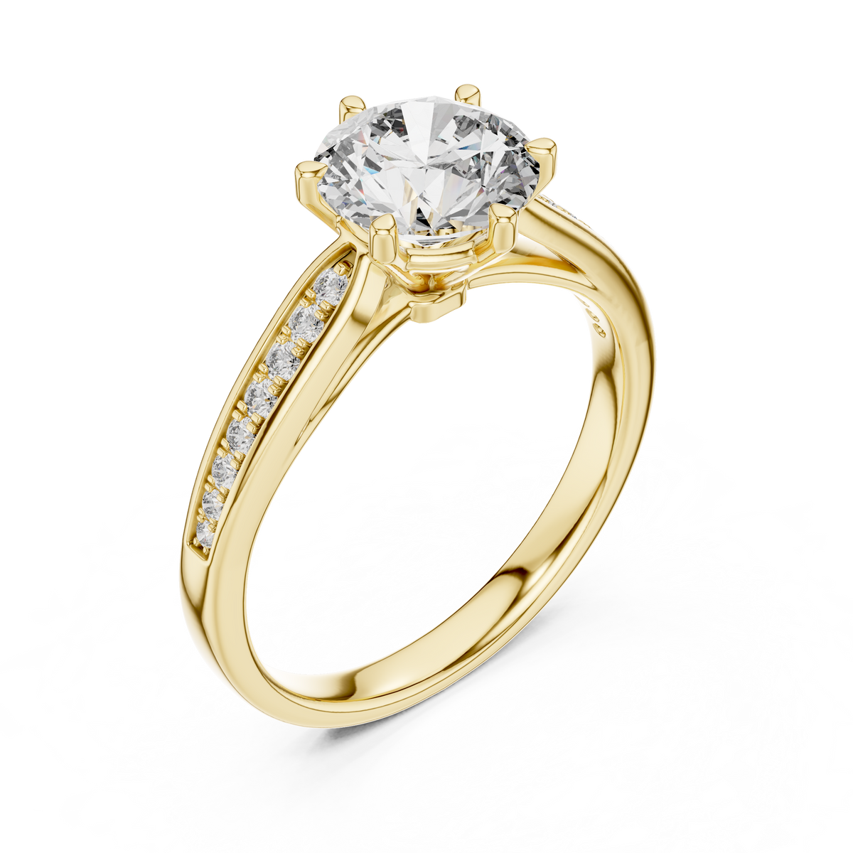 Lab Grown Round Diamond Solitaire Ring with Pavé Shoulders in Yellow Gold
