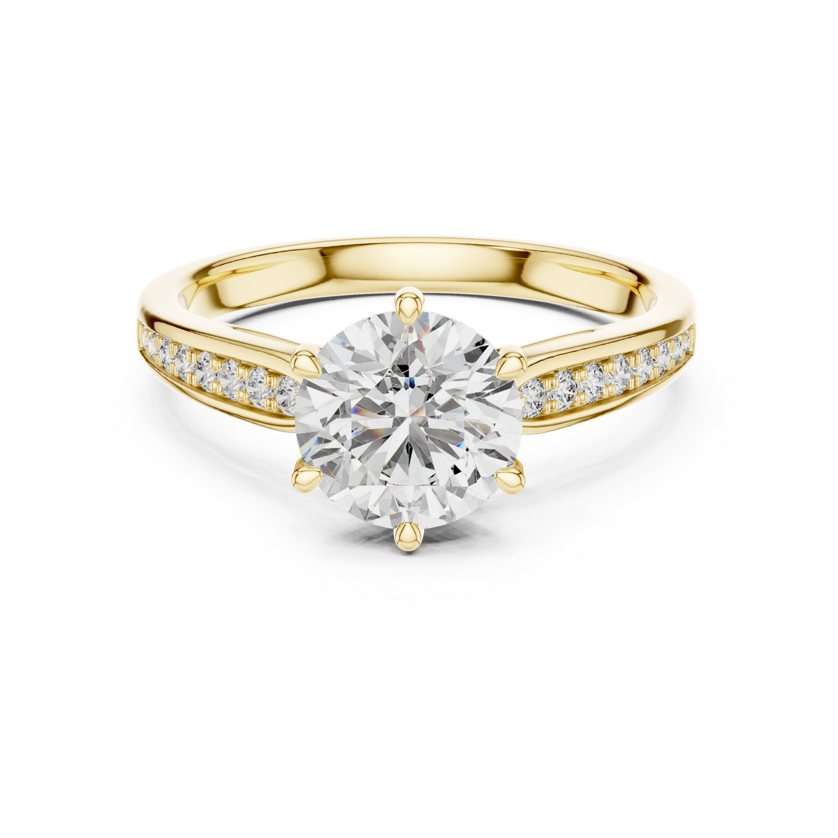 Lab Grown Round Diamond Solitaire Ring with Pavé Shoulders in Yellow Gold