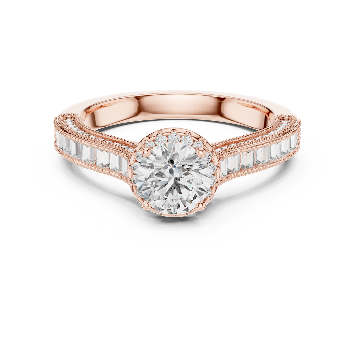 Lab Grown Round Halo Diamond Ring with Baguette Milgrain Band in Yellow Gold