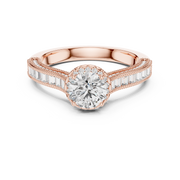 Lab Grown Round Halo Diamond Ring with Baguette Milgrain Band in Yellow Gold