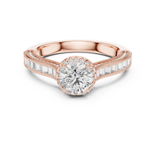 Lab Grown Round Halo Diamond Ring with Baguette Milgrain Band in Yellow Gold