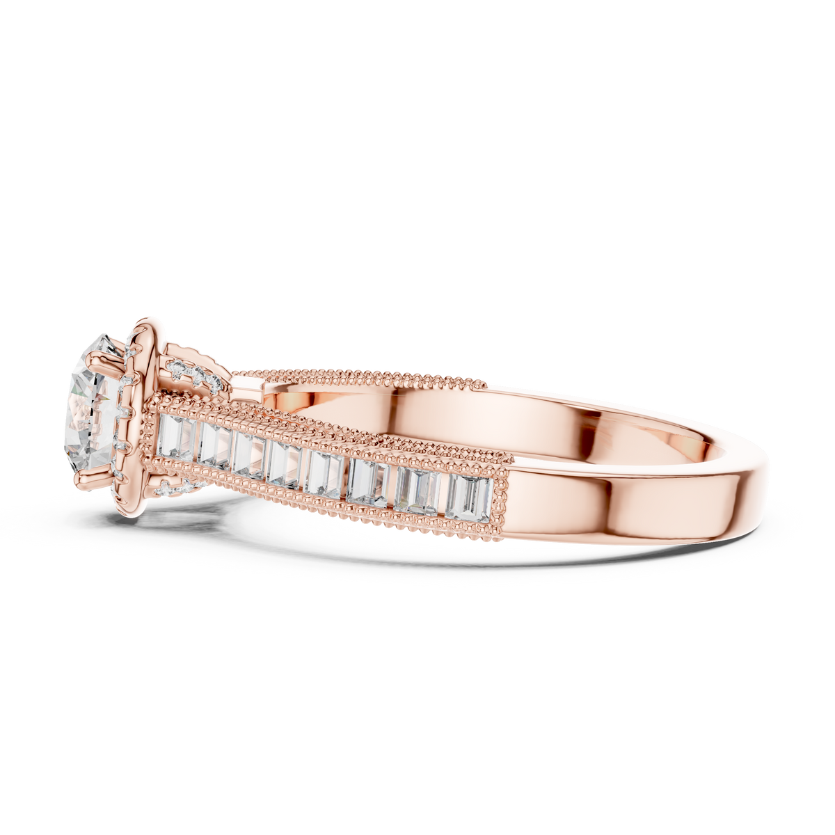 Lab Grown Round Halo Diamond Ring with Baguette Milgrain Band in Yellow Gold