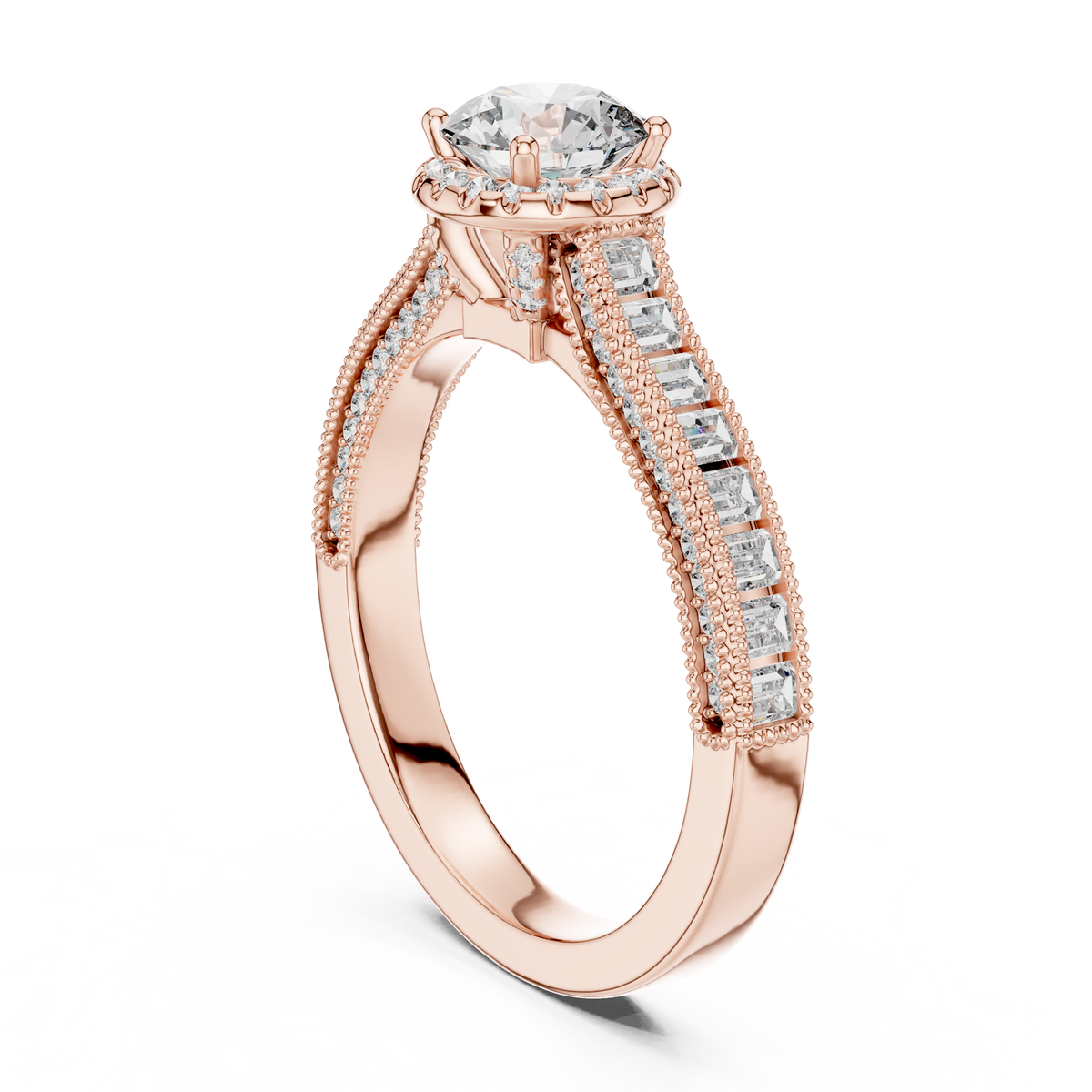 Lab Grown Round Halo Diamond Ring with Baguette Milgrain Band in Yellow Gold