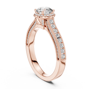 Lab Grown Round Halo Diamond Ring with Baguette Milgrain Band in Yellow Gold