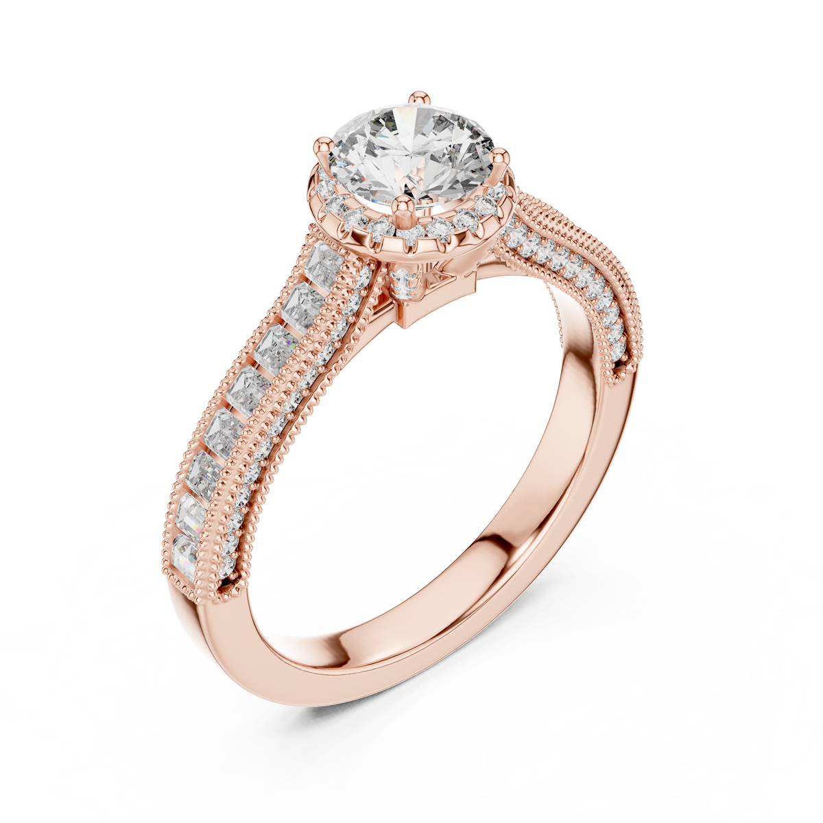 Lab Grown Round Halo Diamond Ring with Baguette Milgrain Band in Yellow Gold