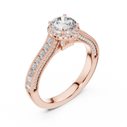 Lab Grown Round Halo Diamond Ring with Baguette Milgrain Band in Yellow Gold