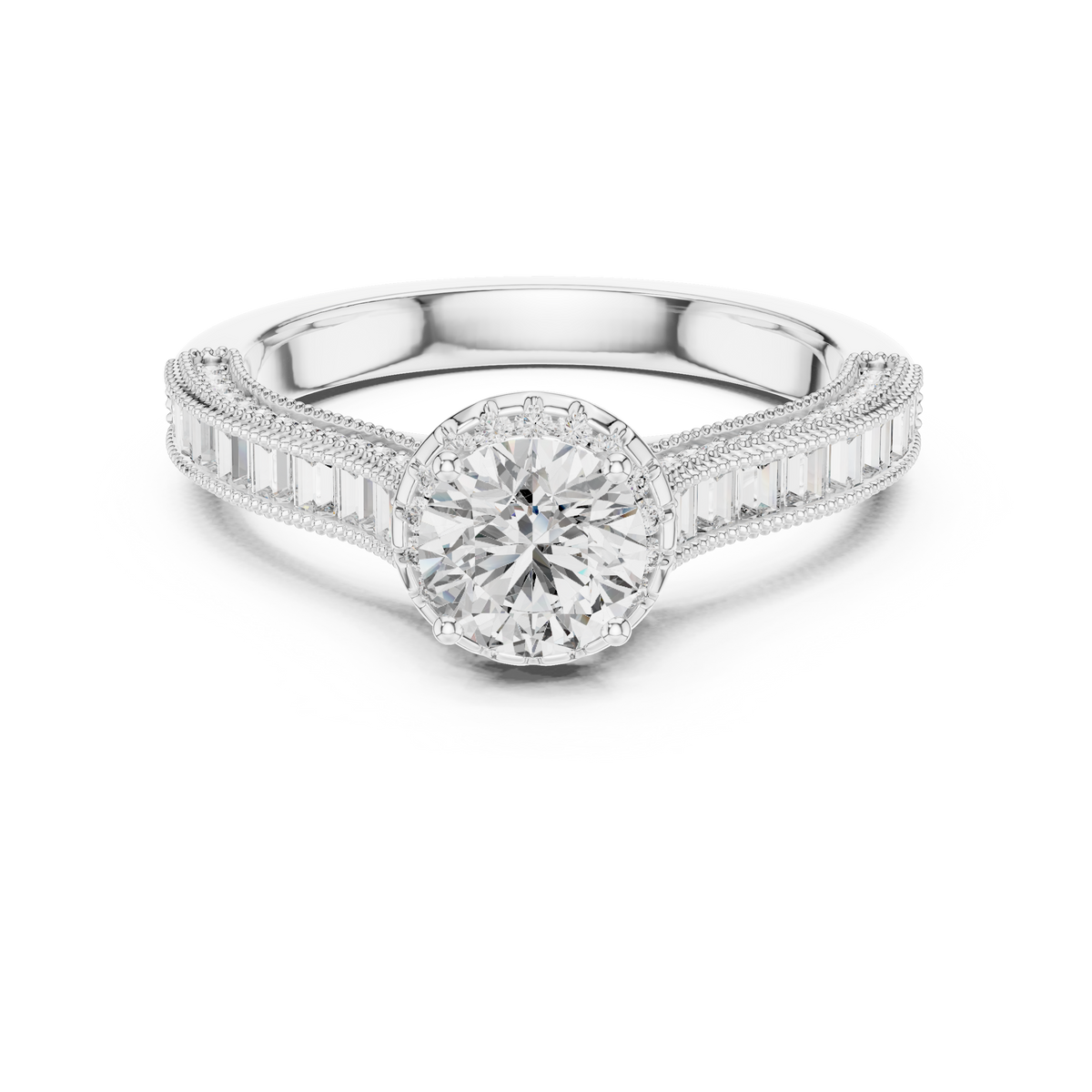 Lab Grown Round Halo Diamond Ring with Baguette Milgrain Band in Yellow Gold