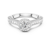 Lab Grown Round Halo Diamond Ring with Baguette Milgrain Band in Yellow Gold