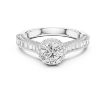 Lab Grown Round Halo Diamond Ring with Baguette Milgrain Band in Yellow Gold