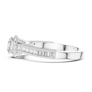 Lab Grown Round Halo Diamond Ring with Baguette Milgrain Band in Yellow Gold