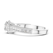 Lab Grown Round Halo Diamond Ring with Baguette Milgrain Band in Yellow Gold