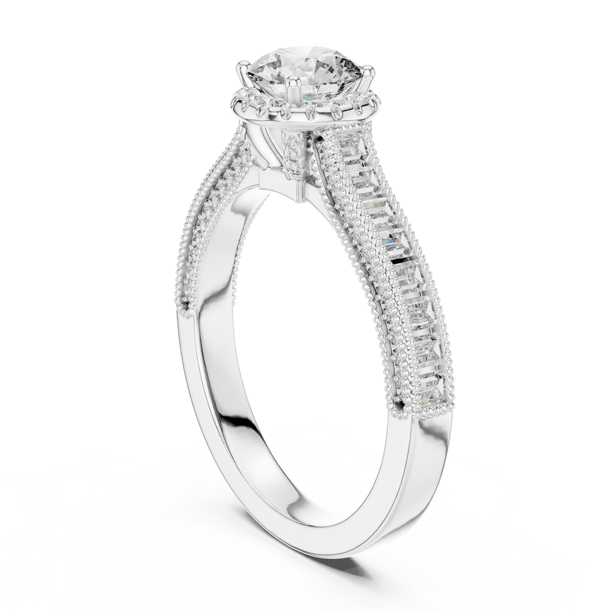 Lab Grown Round Halo Diamond Ring with Baguette Milgrain Band in Yellow Gold