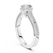 Lab Grown Round Halo Diamond Ring with Baguette Milgrain Band in Yellow Gold