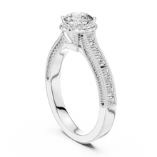 Lab Grown Round Halo Diamond Ring with Baguette Milgrain Band in Yellow Gold