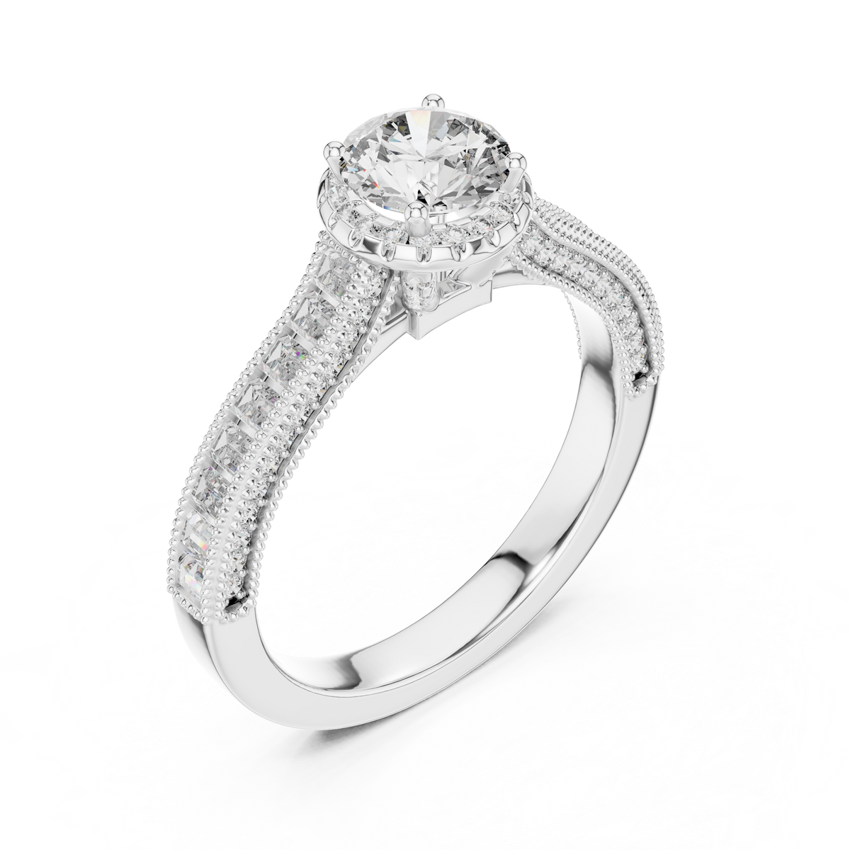 Lab Grown Round Halo Diamond Ring with Baguette Milgrain Band in Yellow Gold