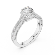 Lab Grown Round Halo Diamond Ring with Baguette Milgrain Band in Yellow Gold