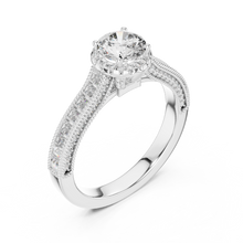 Lab Grown Round Halo Diamond Ring with Baguette Milgrain Band in Yellow Gold