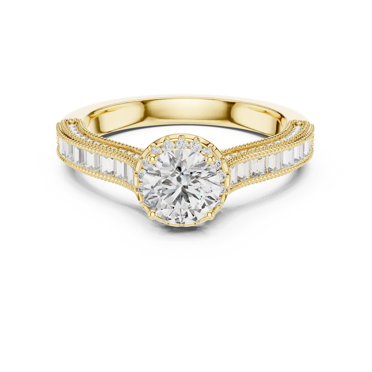 Lab Grown Round Halo Diamond Ring with Baguette Milgrain Band in Yellow Gold