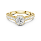 Lab Grown Round Halo Diamond Ring with Baguette Milgrain Band in Yellow Gold