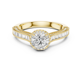 Lab Grown Round Halo Diamond Ring with Baguette Milgrain Band in Yellow Gold