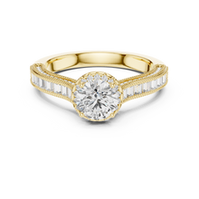 Lab Grown Round Halo Diamond Ring with Baguette Milgrain Band in Yellow Gold