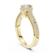 Lab Grown Round Halo Diamond Ring with Baguette Milgrain Band in Yellow Gold