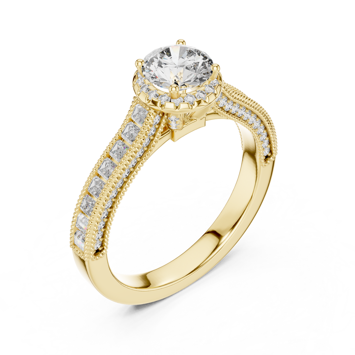 Lab Grown Round Halo Diamond Ring with Baguette Milgrain Band in Yellow Gold