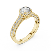 Lab Grown Round Halo Diamond Ring with Baguette Milgrain Band in Yellow Gold