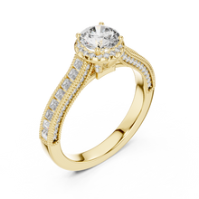 Lab Grown Round Halo Diamond Ring with Baguette Milgrain Band in Yellow Gold