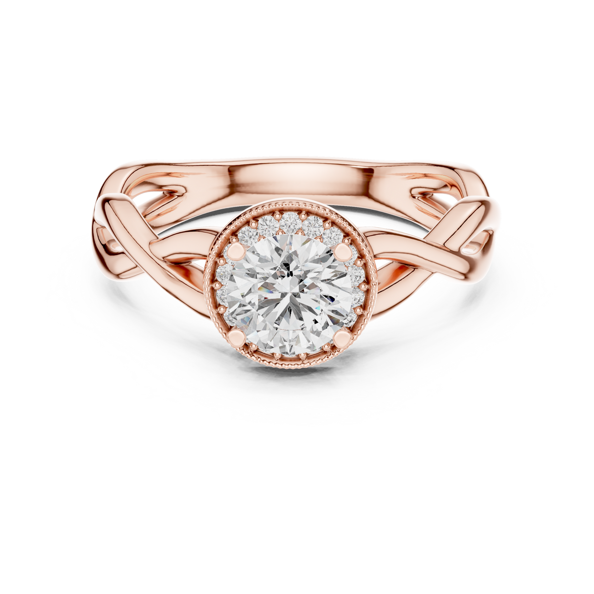 Lab Grown Round Halo Diamond Ring with Twisted Infinity Band in Yellow Gold