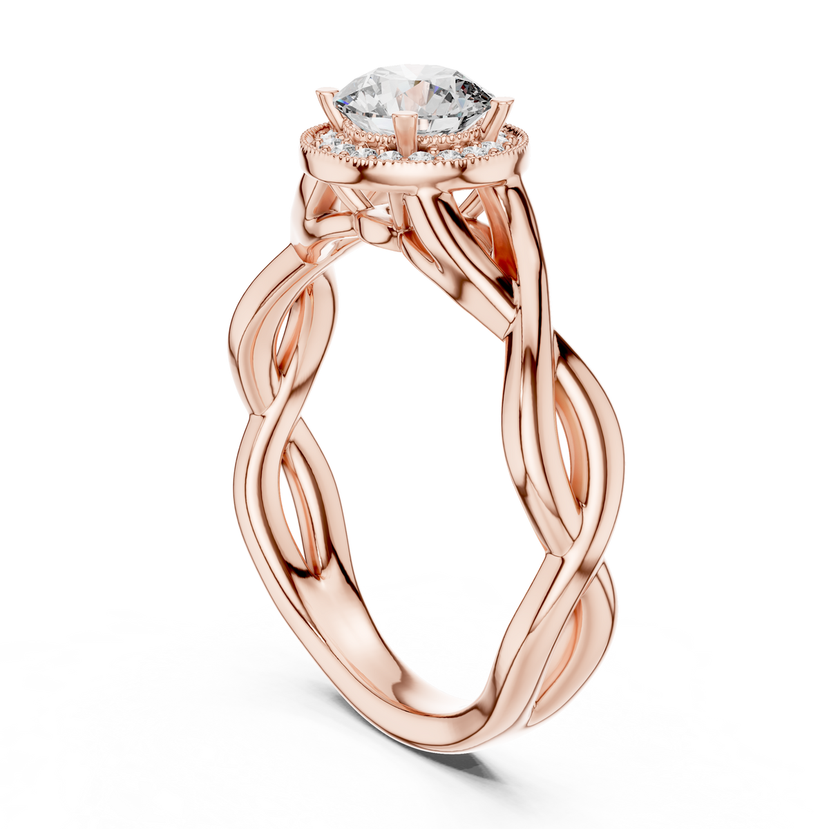 Lab Grown Round Halo Diamond Ring with Twisted Infinity Band in Yellow Gold