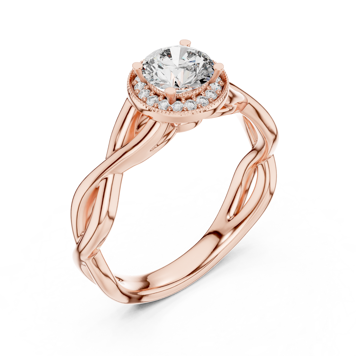 Lab Grown Round Halo Diamond Ring with Twisted Infinity Band in Yellow Gold