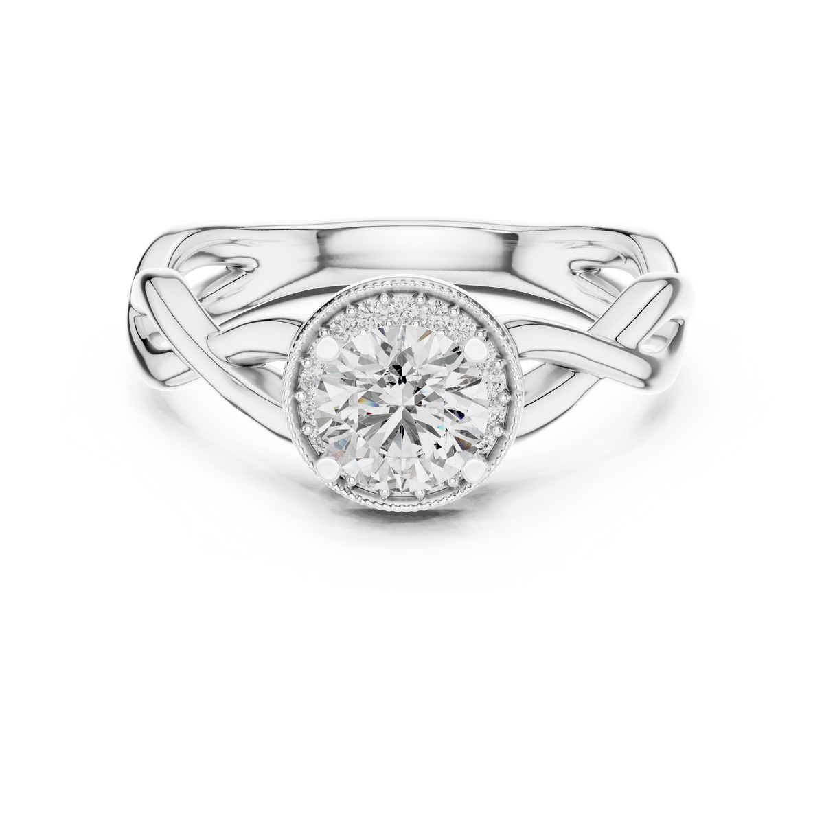 Lab Grown Round Halo Diamond Ring with Twisted Infinity Band in Yellow Gold