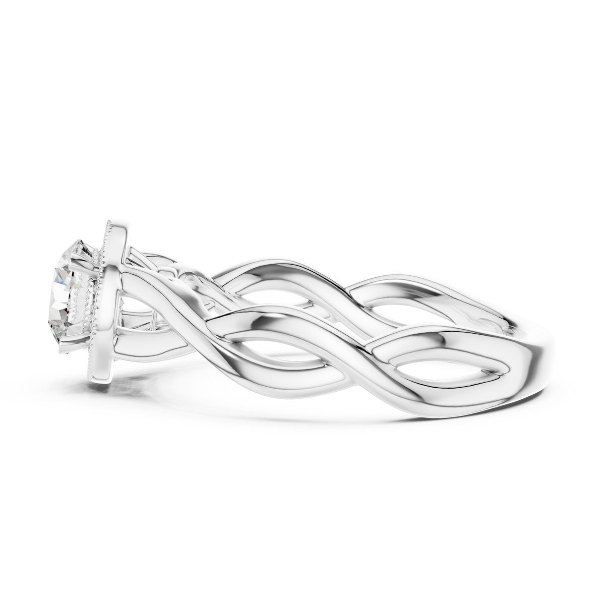 Lab Grown Round Halo Diamond Ring with Twisted Infinity Band in Yellow Gold