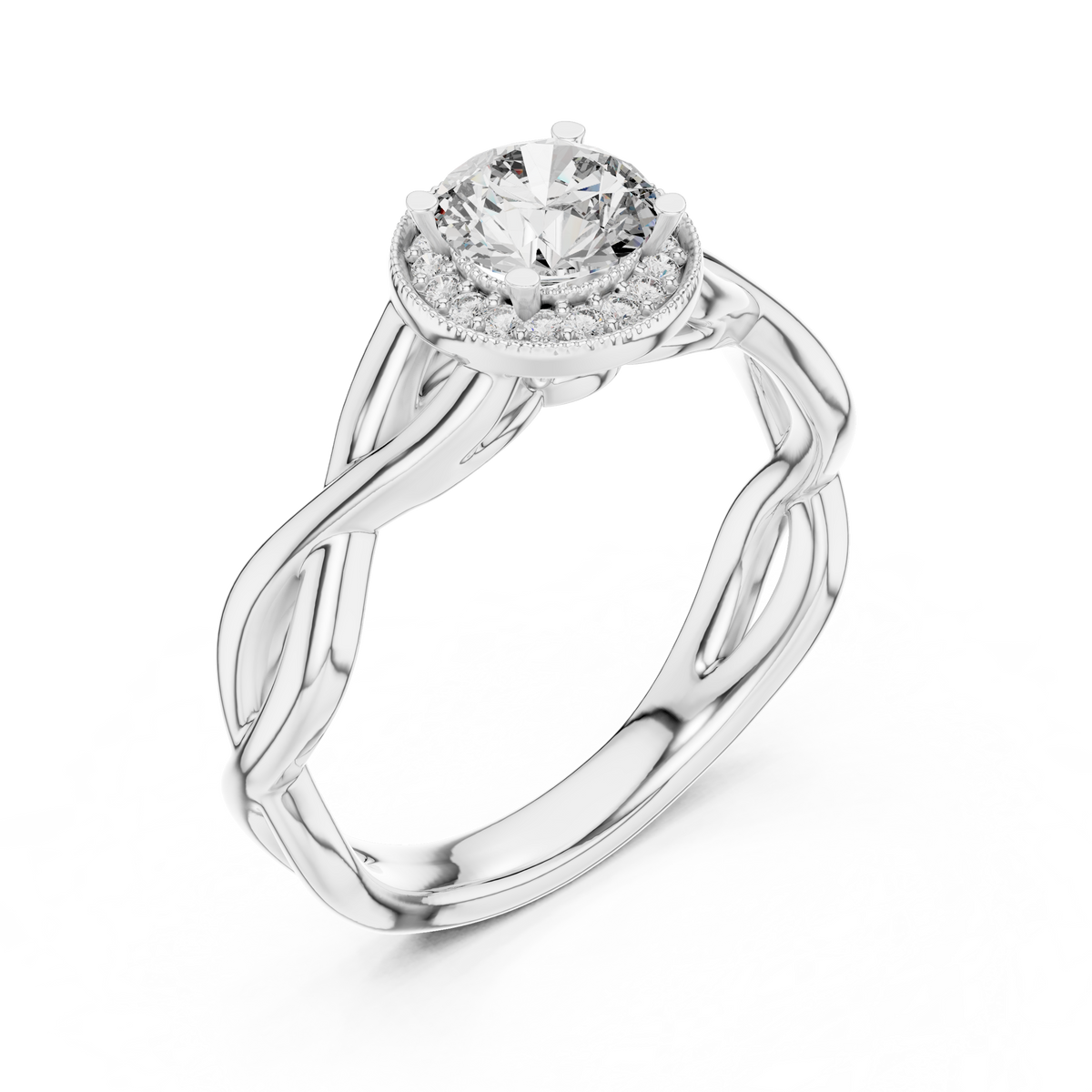 Lab Grown Round Halo Diamond Ring with Twisted Infinity Band in Yellow Gold