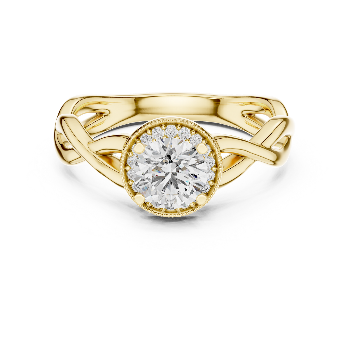 Lab Grown Round Halo Diamond Ring with Twisted Infinity Band in Yellow Gold