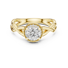 Lab Grown Round Halo Diamond Ring with Twisted Infinity Band in Yellow Gold