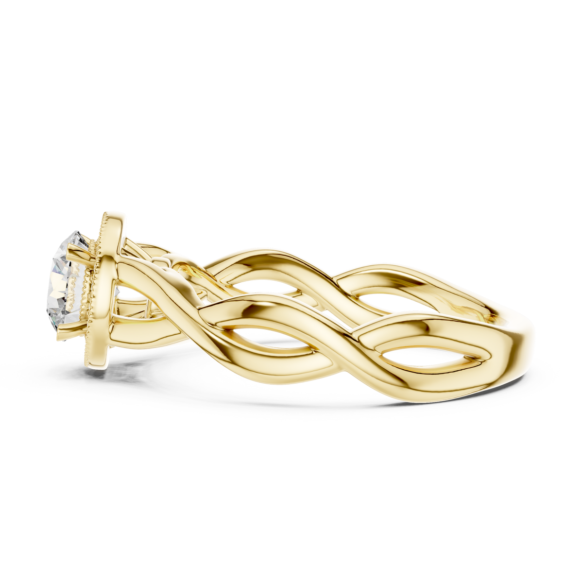 Lab Grown Round Halo Diamond Ring with Twisted Infinity Band in Yellow Gold