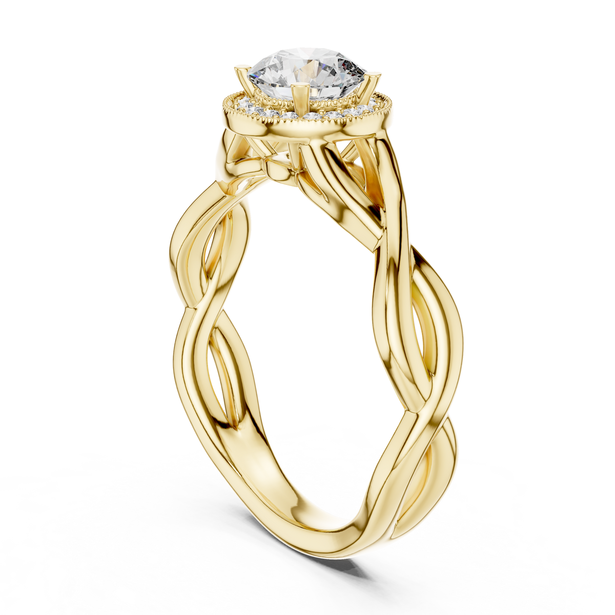 Lab Grown Round Halo Diamond Ring with Twisted Infinity Band in Yellow Gold