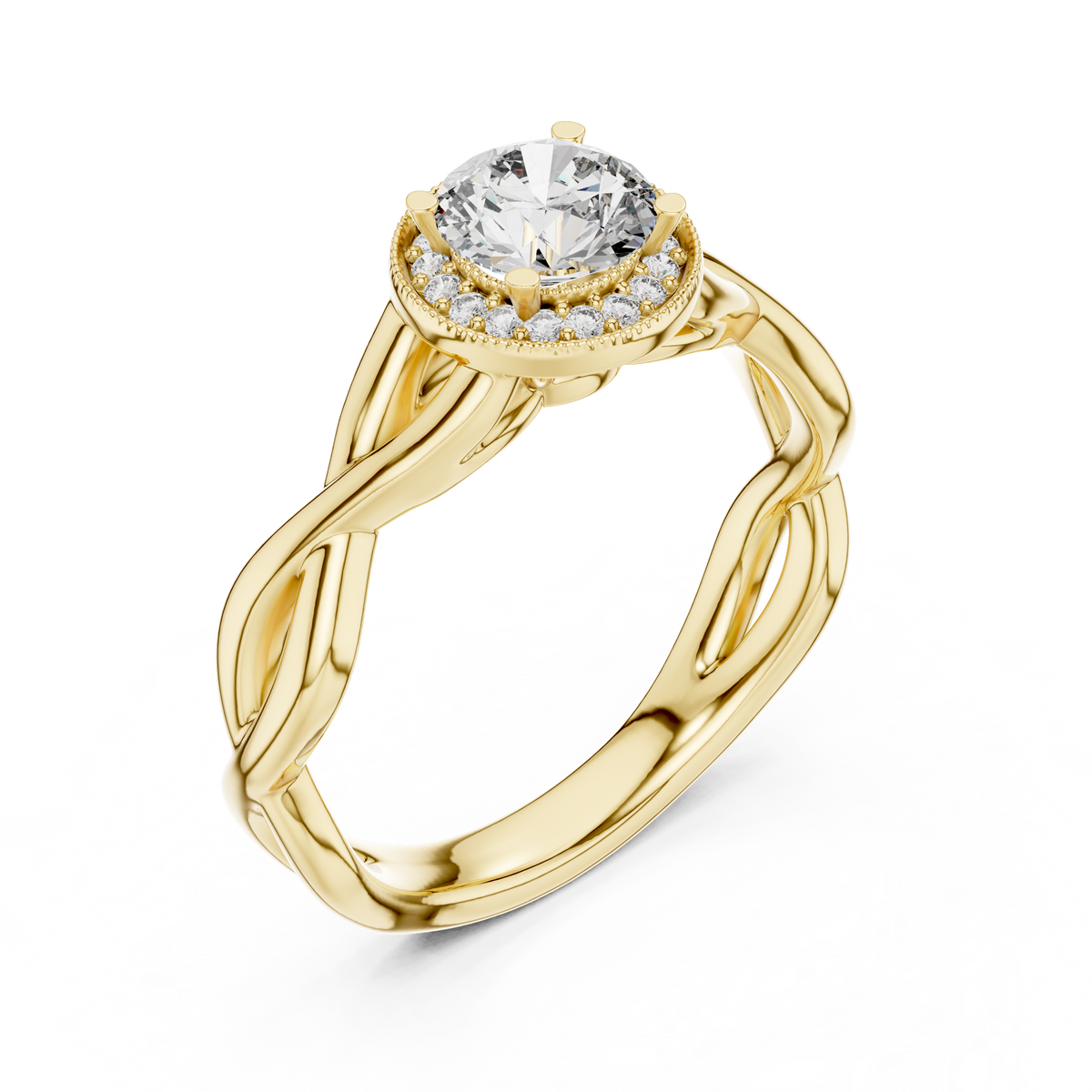 Lab Grown Round Halo Diamond Ring with Twisted Infinity Band in Yellow Gold