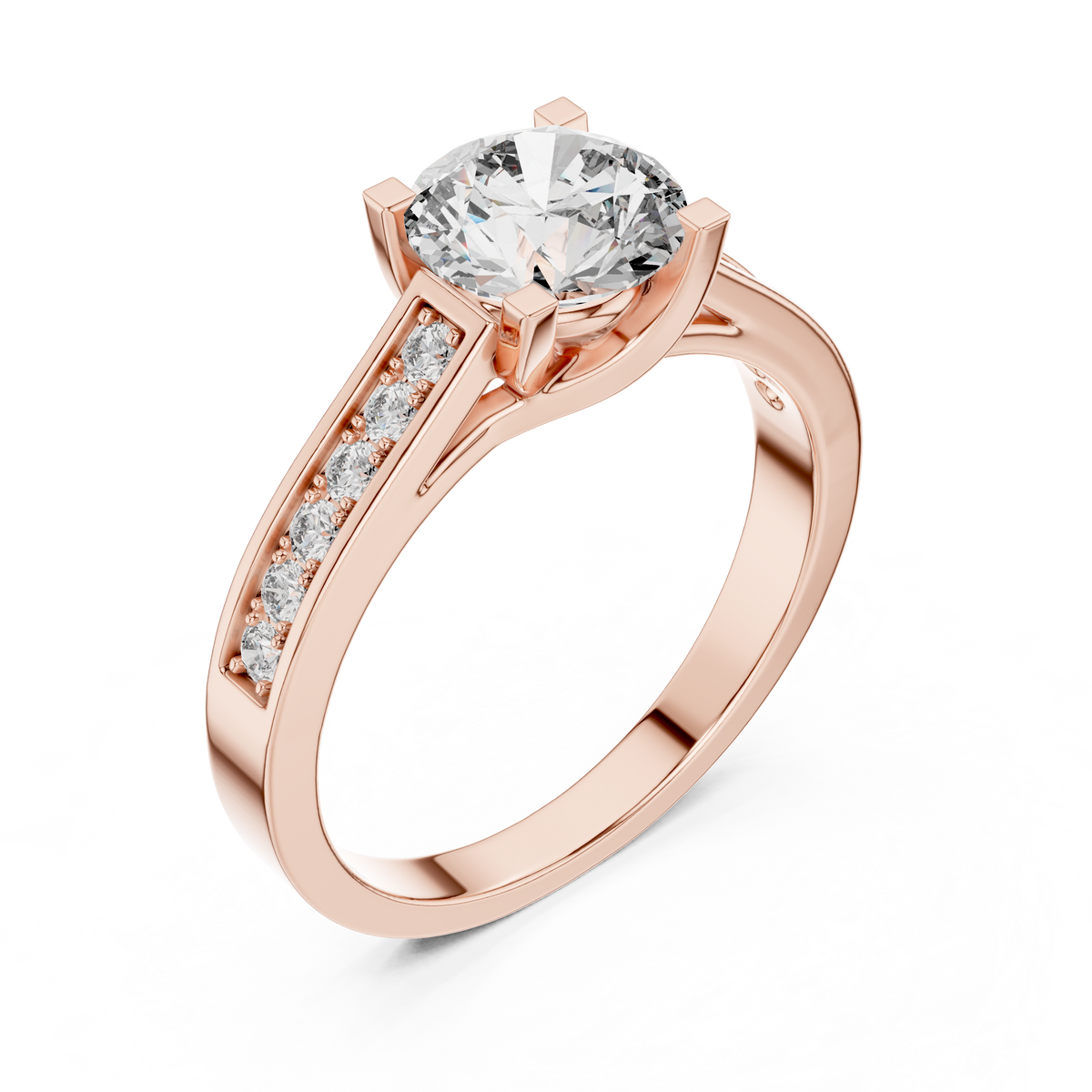 Lab Grown Round Solitaire Diamond Ring with Channel-Set Diamond Shoulders in Yellow Gold