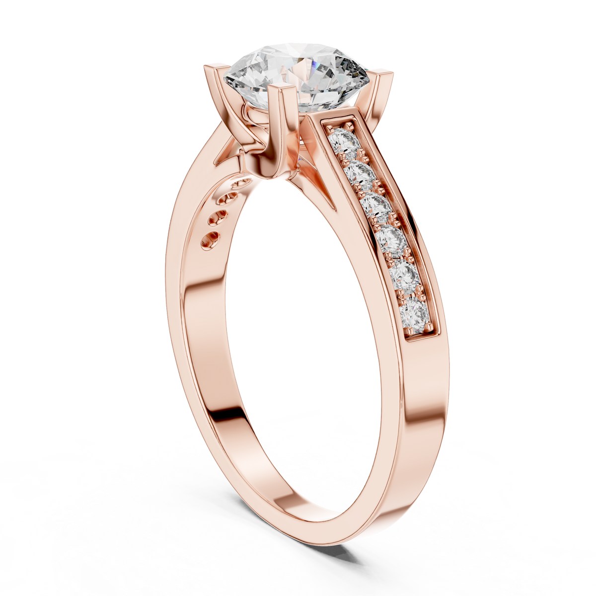 Lab Grown Round Solitaire Diamond Ring with Channel-Set Diamond Shoulders in Yellow Gold