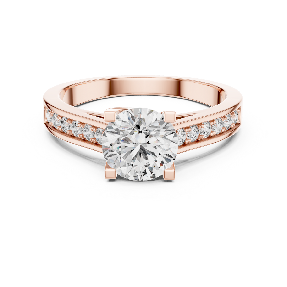 Lab Grown Round Solitaire Diamond Ring with Channel-Set Diamond Shoulders in Yellow Gold