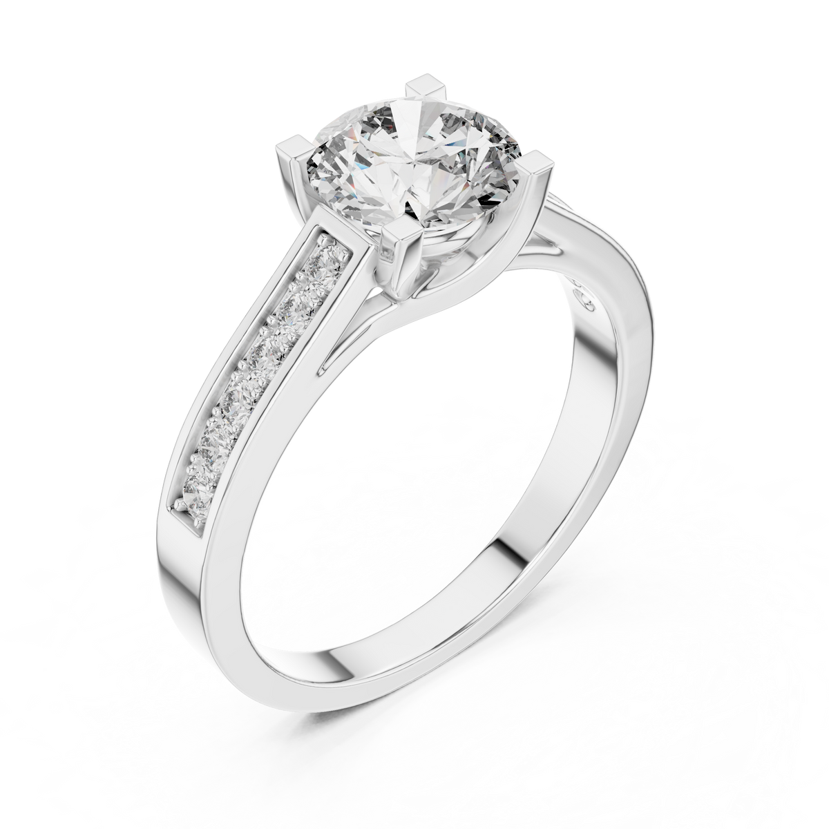 Lab Grown Round Solitaire Diamond Ring with Channel-Set Diamond Shoulders in Yellow Gold