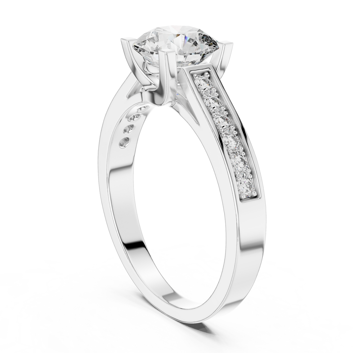 Lab Grown Round Solitaire Diamond Ring with Channel-Set Diamond Shoulders in Yellow Gold