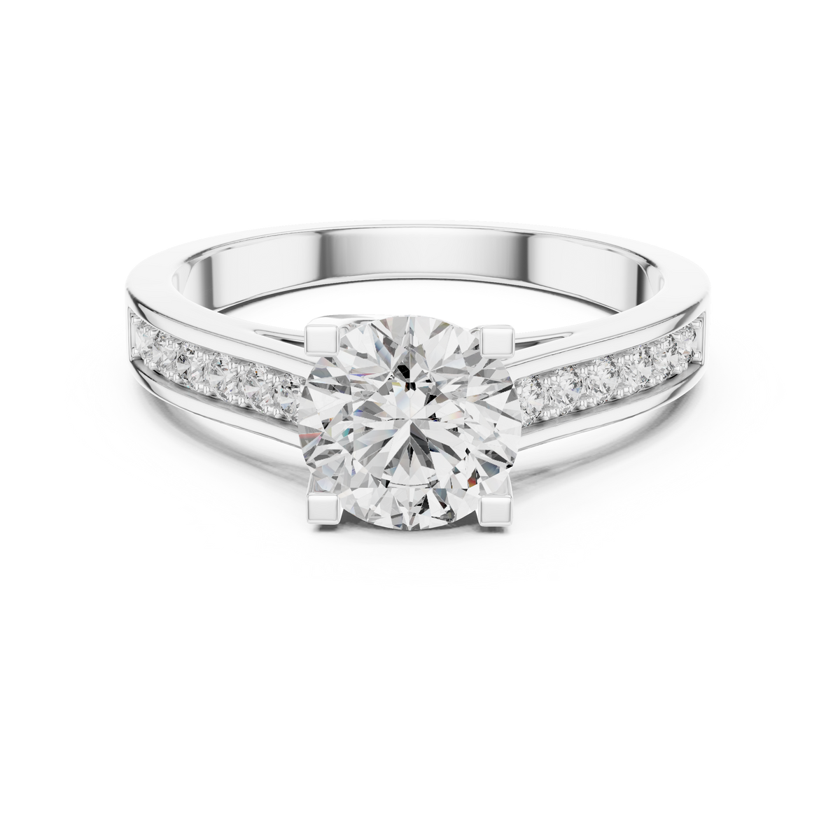 Lab Grown Round Solitaire Diamond Ring with Channel-Set Diamond Shoulders in Yellow Gold