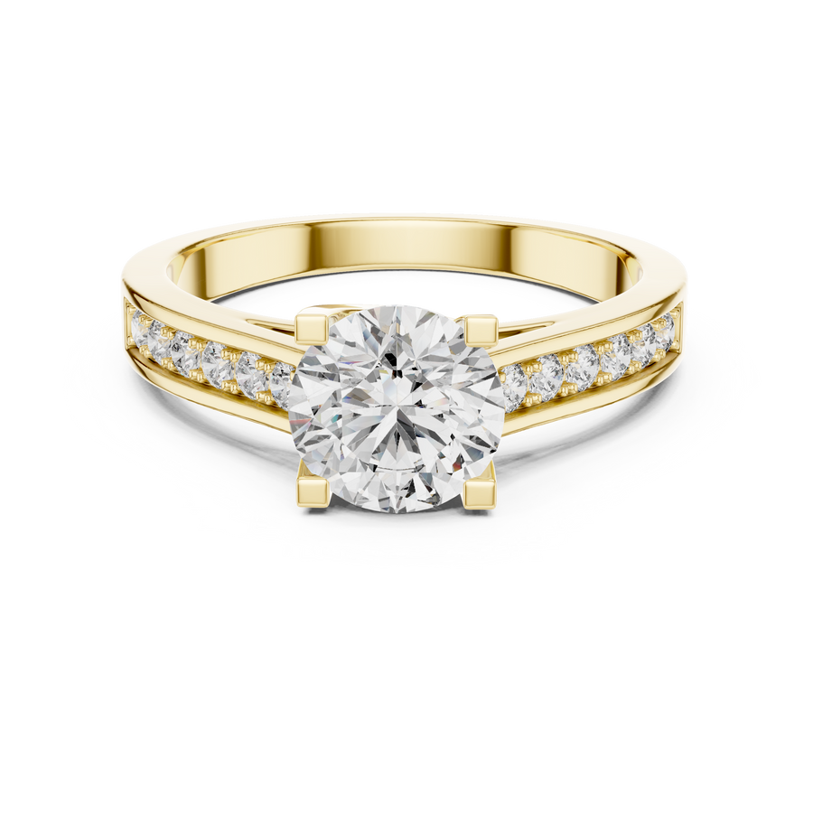 Lab Grown Round Solitaire Diamond Ring with Channel-Set Diamond Shoulders in Yellow Gold